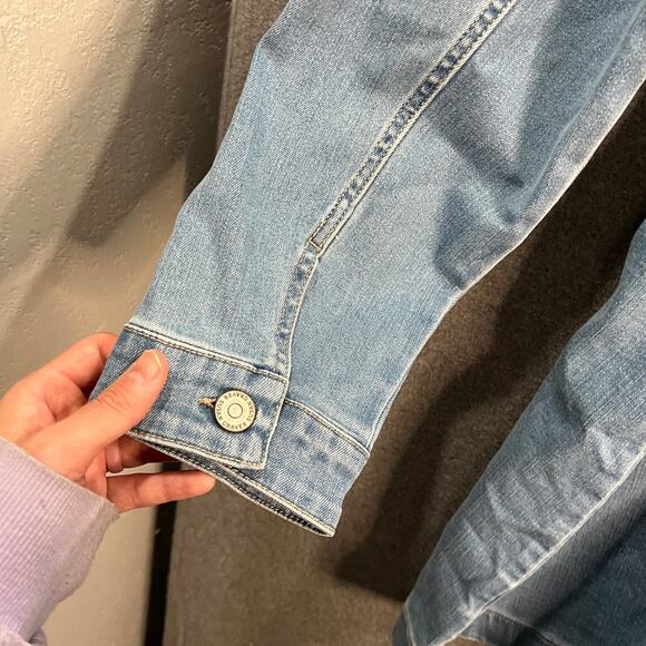 Susan Graver High Stretch Denim Long Jean Jacket Bleached Denim Large Petite - Picture 9 of 11